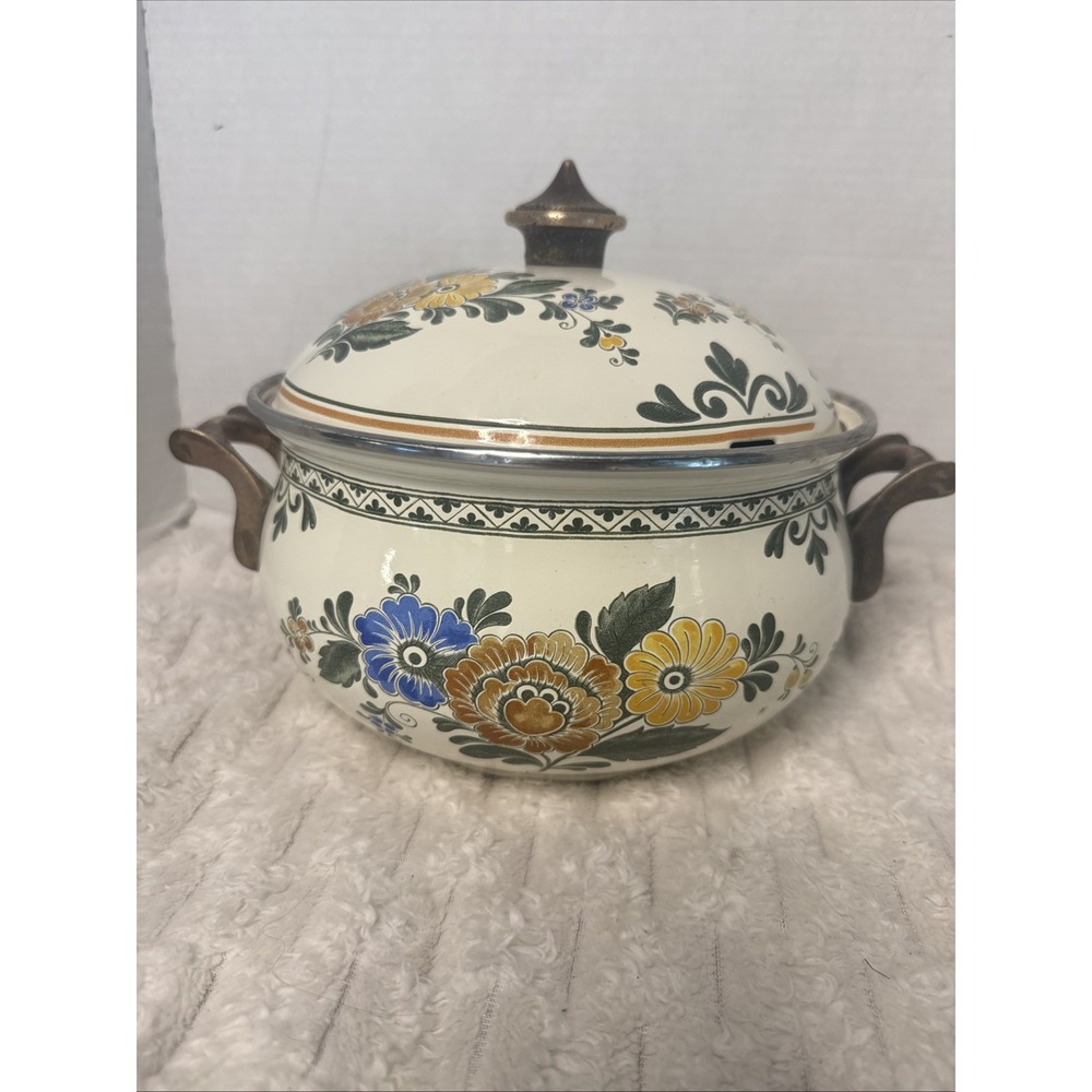 Asta Old Amsterdam Pot Lid Brass Handles Germany Enamel Cottage Cookware 8.5